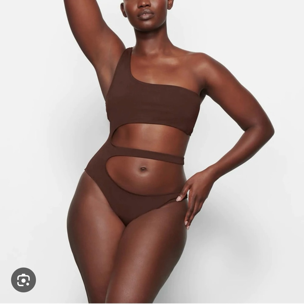 SKIMS Brown One-Shoulder Cutout One Piece